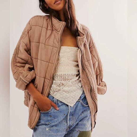 Free People Quilted Dolman-Sleeve Jacket Tan Champagne Diamonds Womens Size XS - Picture 6 of 13